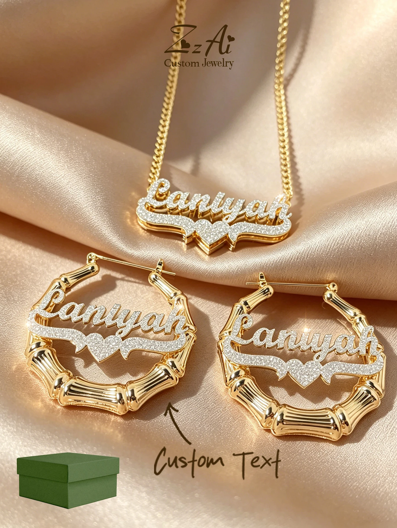 Ensemble collier et boucles d'oreilles surdimensionnées personnalisables en acier inoxydable, bijoux gravés personnalisés, cadeau avec nom personnalisé