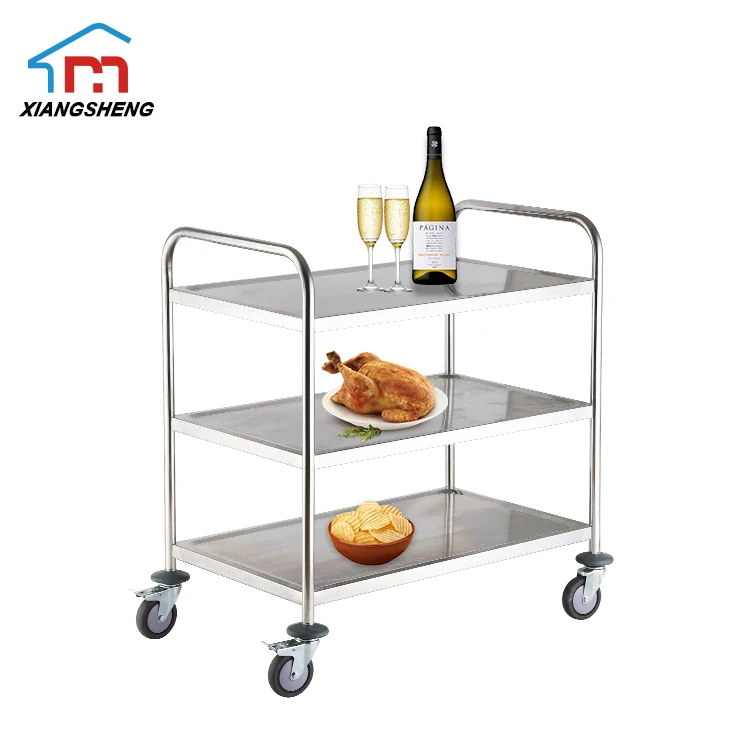 

Commercial Stainless Steel Dining Car Hotel Kitchen Trolley Movable Hand Push Dining Service Car 3-tiers Thickened Dining Cart