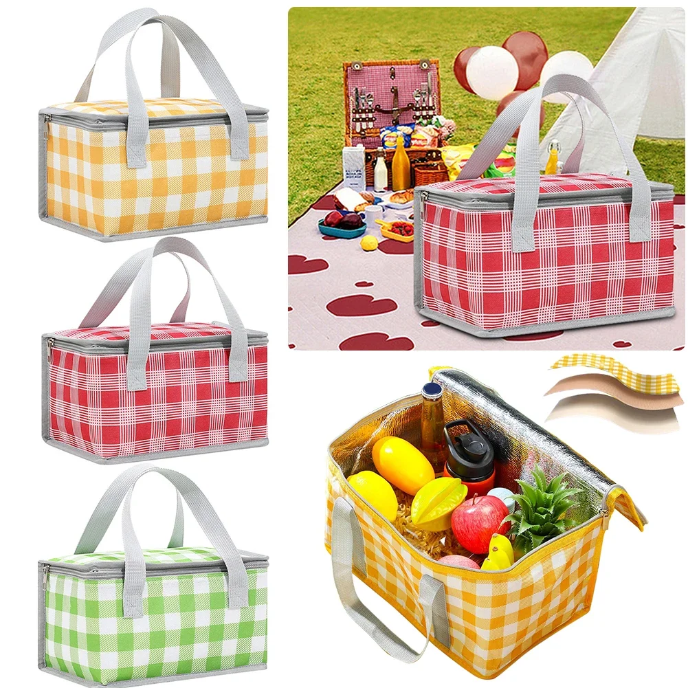 Insulated Picnic Bag Dual Zippers Plaid Lunch Tote Bag Large Capacity Picnic Basket Bag Multifunction for Outdoor Beach BBQ