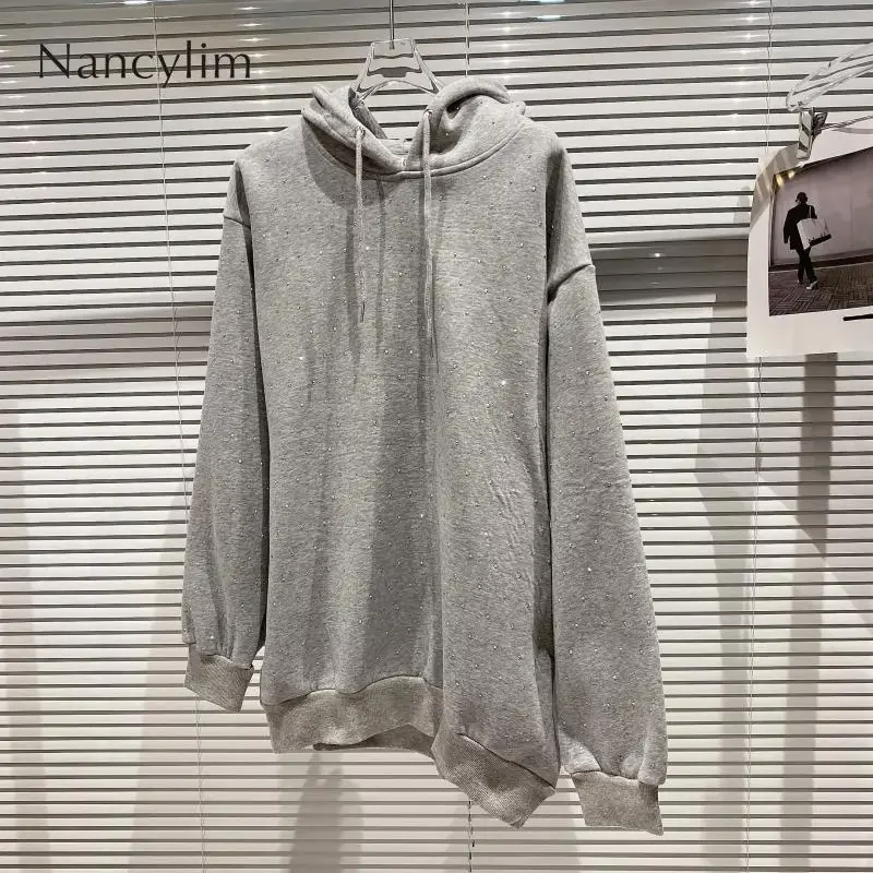 2025 Spring Autumn Hooded Hoodies Women New Gypsy Rhinestone Hot Diamond Shiny Loose Pullover Sweatshirt Grey Pullover Tops