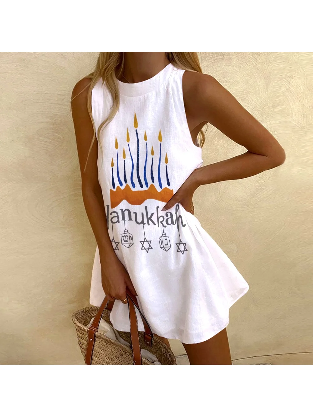 Hanukkah Printed Sleeveless Crew Neck Beach Dress Ladies High Waist Casual Luxury Solid Color Vacation Dress