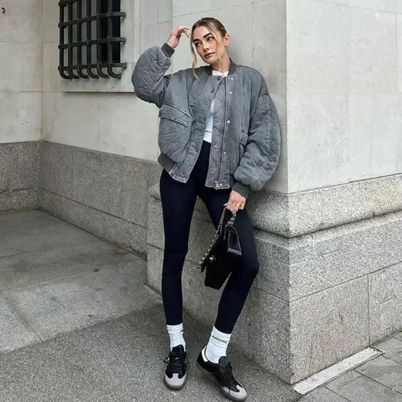 Fashion Quilted Single Breasted Women Cotton Jacket Casual Pocket Stand Collar Long Sleeve Coat Fall Winter Warm Thick Outerwear