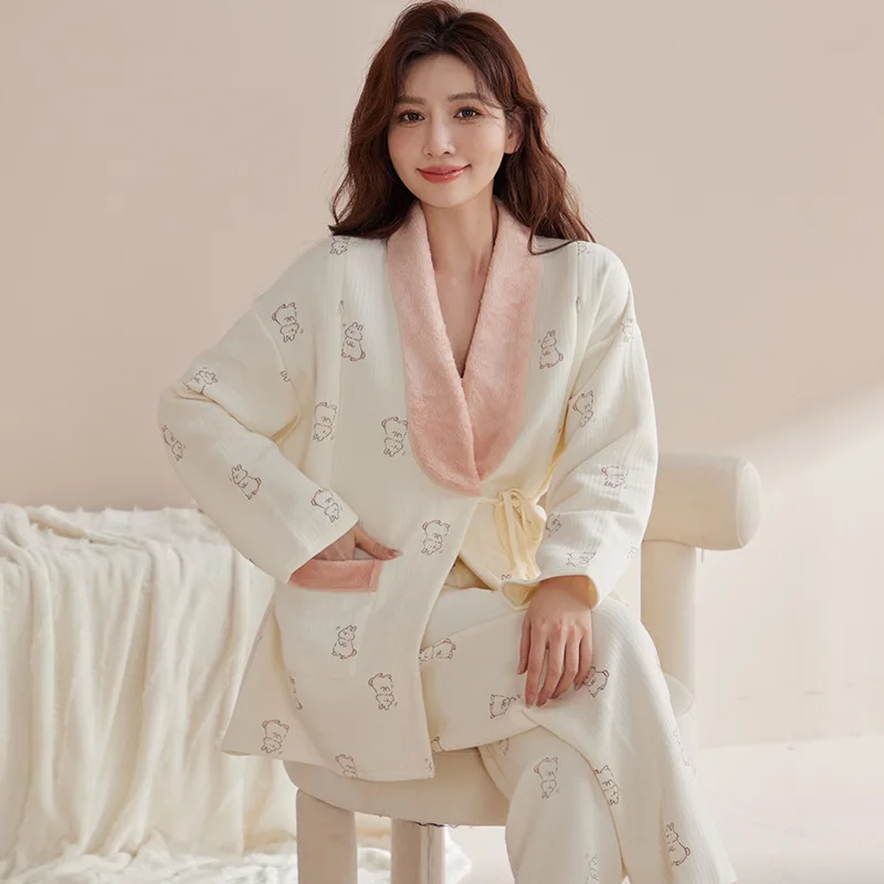 Maternity Nursing Sleepwear Set Autumn Winter Printed Cotton Padded Breastfeeding Pajamas for Pregnancy Home Lounge Hospital Use
