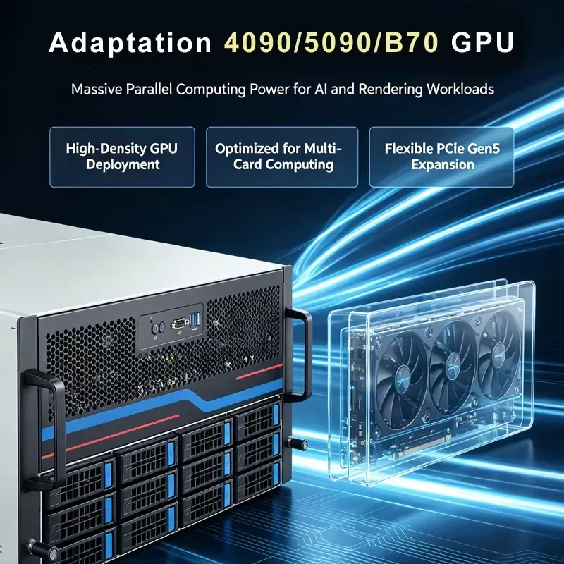 5U 8 GPU Server Chassis Dual Xeon 4th 5th Gen 12 PCIe 5.0 x16 Slots AI Computing HPC Workstation for RTX 5090 B70