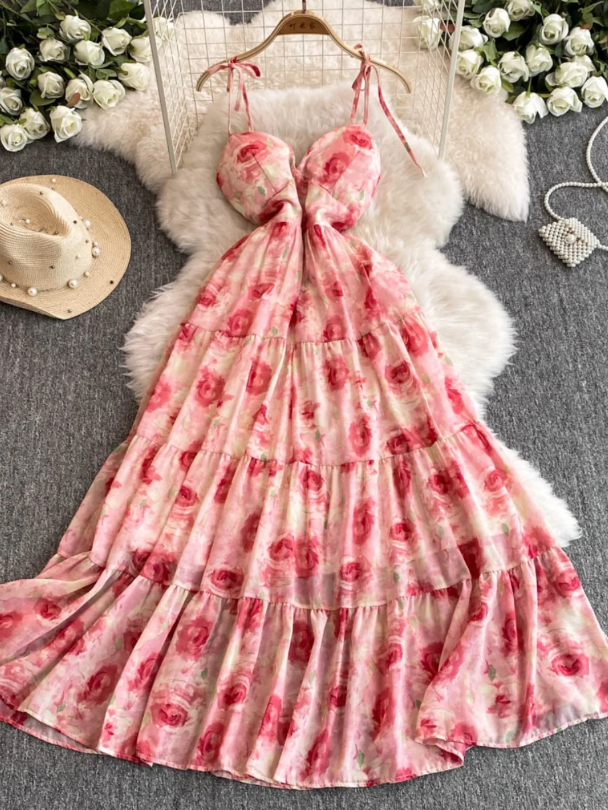 Chic Fashion V-neck Suspender Dress Women's Summer Vacation Wear Ruffle Edge Floral Chiffon Slim Long Dress Boho Beach Party