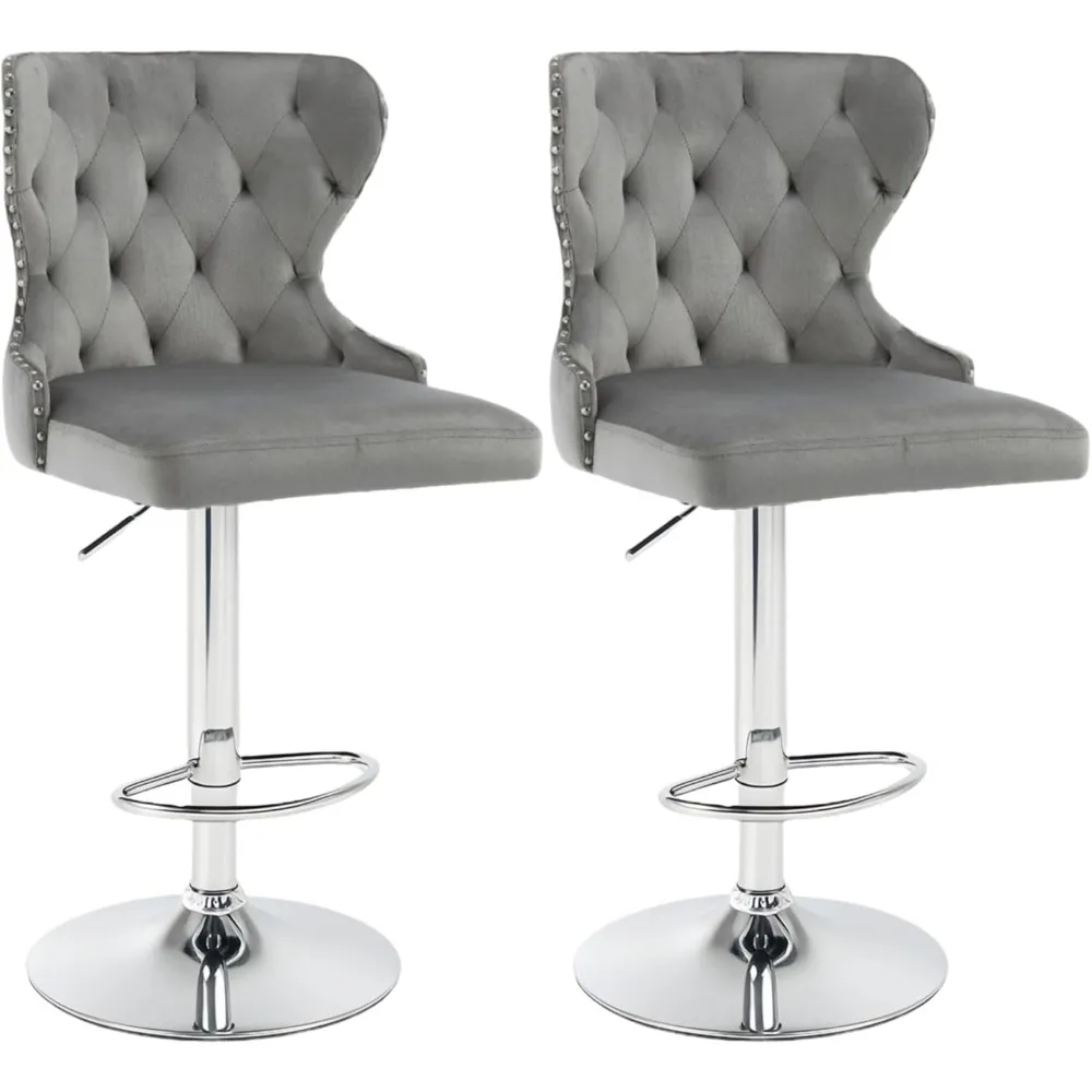 

Velvet Bar Stools Set of 2 - Adjustable Swivel Counter Height with Nailhead Trim & Silver Footrest
