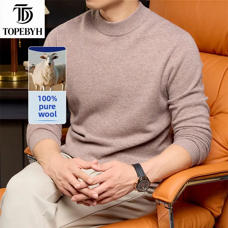 

100% чистый шерстяной свитер с воротником-стойкой, теплый, с длинными рукавами, вязаный пуловер