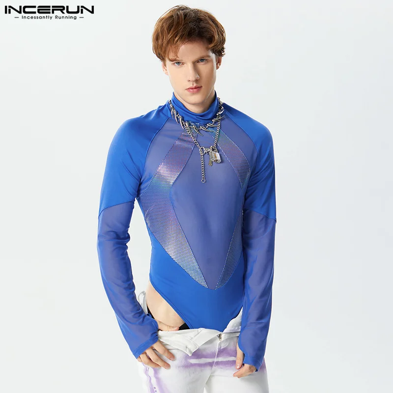 

2024 Men Bodysuits Mesh Patchwork Shiny Turtleneck Long Sleeve Male Rompers Transparent Skinny Streetwear Bodysuit S-3XL INCERUN