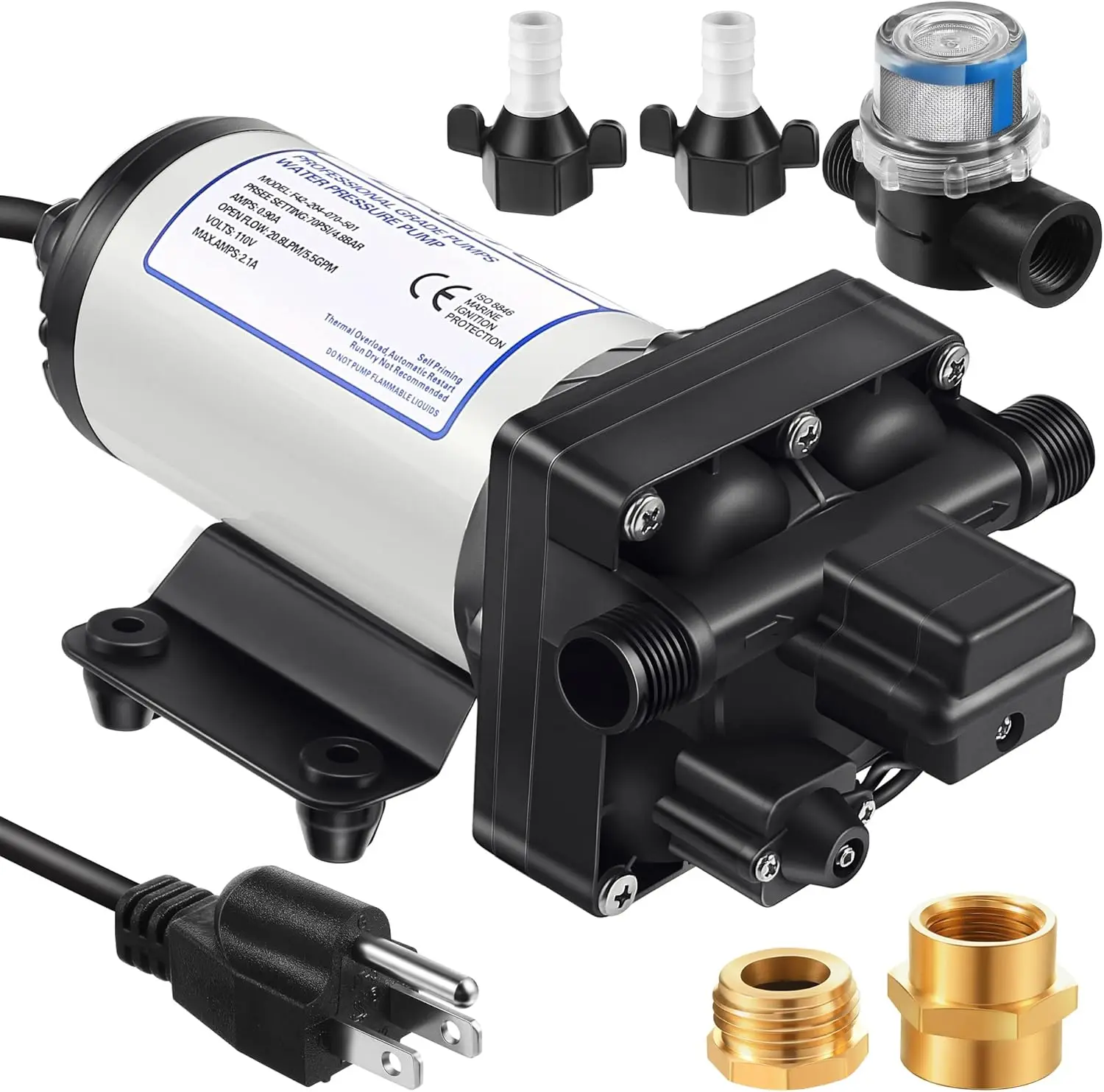 

110V 5.5 GPM 70 PSI Water Pressure Booster Pump with Brass Fittings for RV, Home, Garden