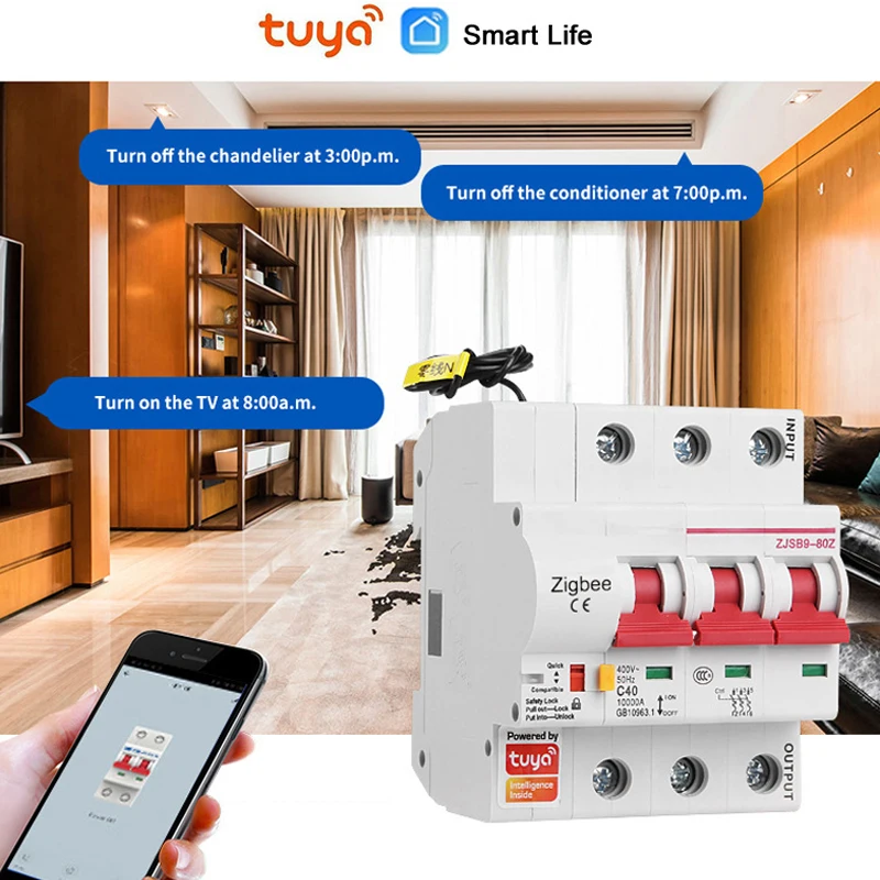 

Интеллектуальный автоматический выключатель Tuya 3P Zigbee Air Switch поддерживает пульт дистанционного управления до 125 А через приложение для мобильного телефона