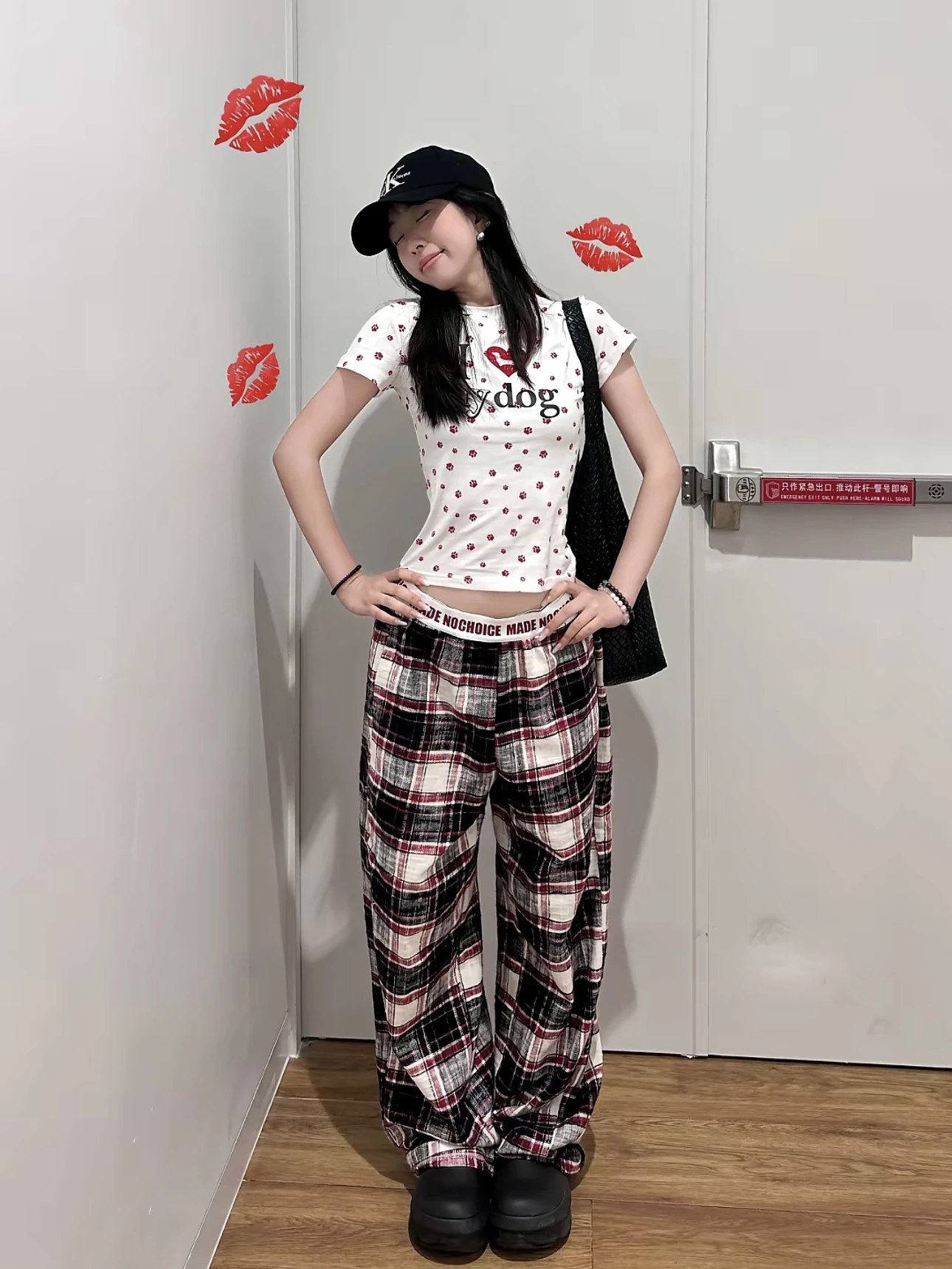 

American Retro Contrast Color Plaid Casual Wide Leg Pants ex Four Seasons Versatile Loose Slimming Straight Design Long P...