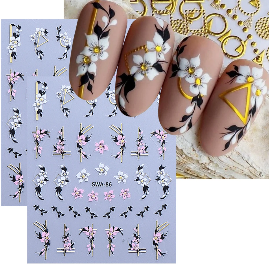 2 Stück 3D Französische Linie Blumen Nail Art Aufkleber Rosa Weiß Sakura Blütenblätter Blumen DIY Frühling Sommer Elegante Sliders Maniküre Dekor