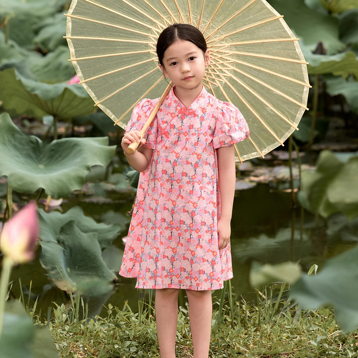 MARC&JANIE Girls New Chinese Floral Cheongsam Dresses Children's Dresses for Summer 240686