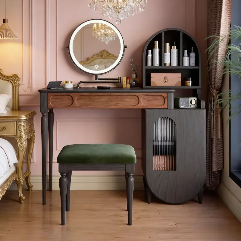 

#w Modern Minimalist Luxury Lighted Mirror Wood Dressing Table Compact Bedroom Vanity with Storage&