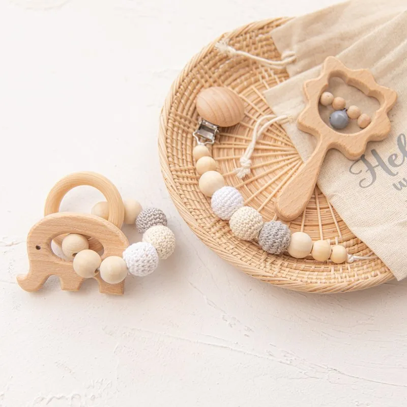 1set Baby Wooden Rattles Plush Crochet Animal Music Rattle Pacifier Chain Clip Newborn Wooden Teether Nursing Chew Cartoon Toy