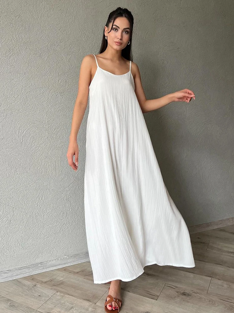 HiLoc Elegant White Pleated Long Nightdress Female 2024 Summer Spaghetti Strap A-Line Pink Nightie Casual Loose Sleepwears Women