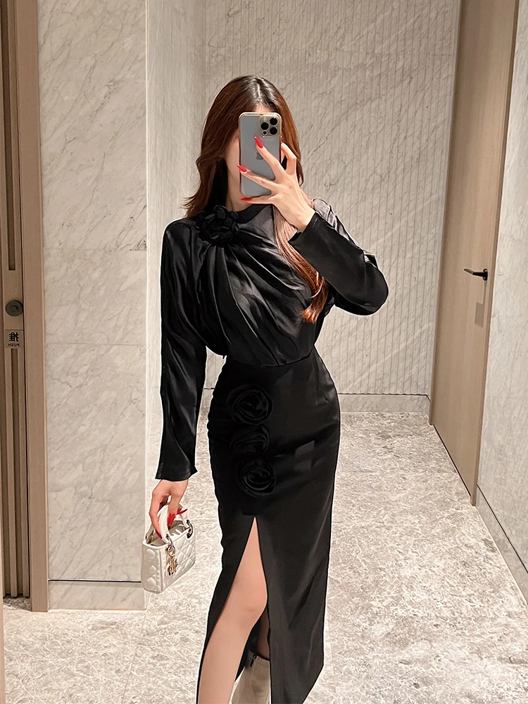 

Floral Printed Asymmetrical Hem irt And Skirt Set Women's Faion Design Sense Tee Dimensional Flower Pattern Long Sve