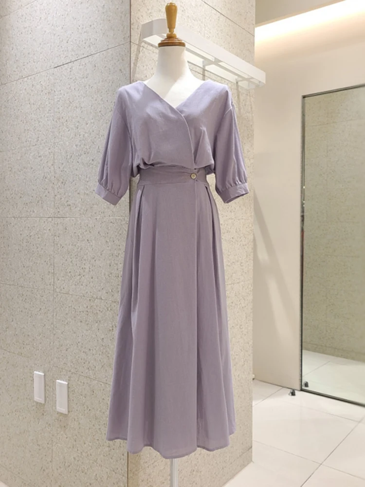 

Summer New Fashion Korean V-neck Short-sleeve Dress Elastic Waist Design Versatile Dress Women's Premium Clothing H-Line Skirt