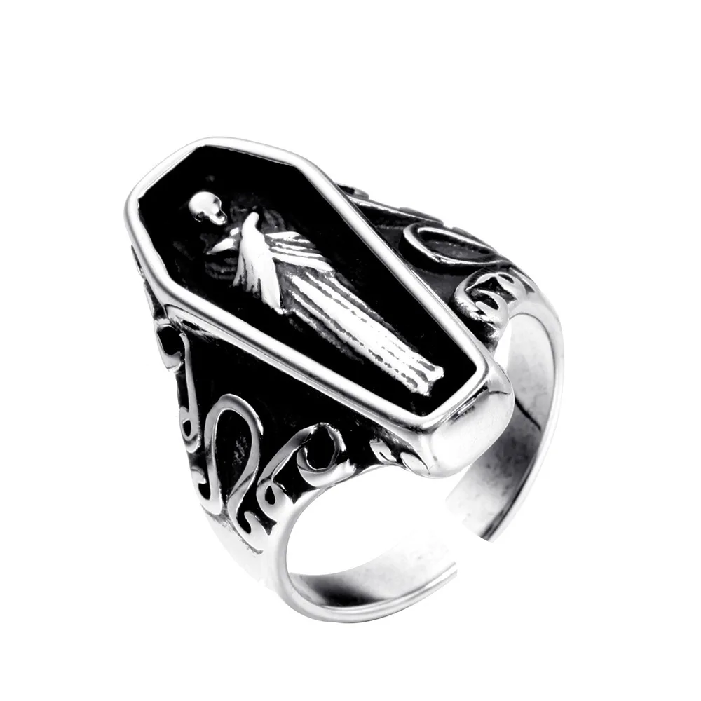 Exquisite Men\'s Fashion Vintage Carved Priest Coffin Ring Wedding Engagement Ring Gothic Punk Party Jewelry Anniversary Gift