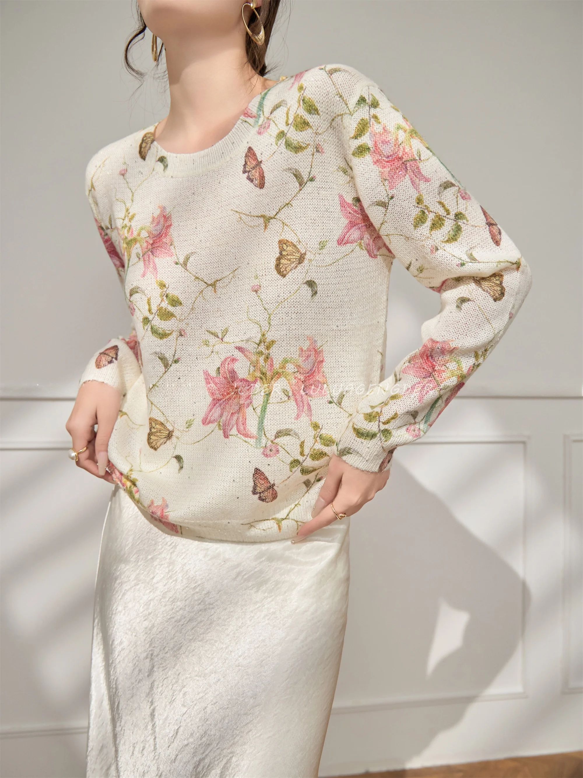 

Lulu Glitter Knitwear Women's Long Sleeve Floral Top Fashionable Slimming Autumn Winter New Style Versatile Retro Style Ladie...