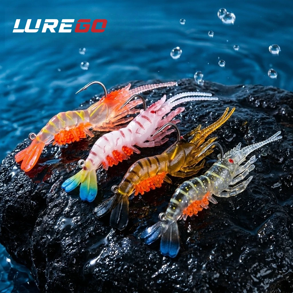 9cm/9g Realistic Soft Shrimp Fishing Lure, Luminous & UV Fluorescent, Built‑in Lead Weight Back Hidden Hook