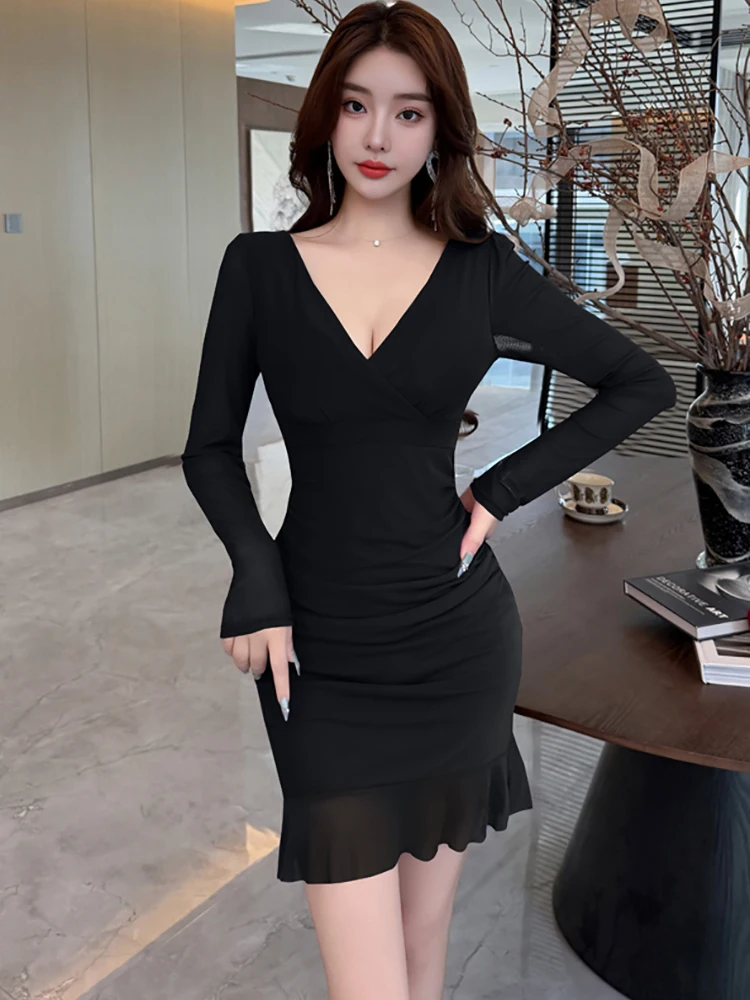 الخريف الشتاء الأرجواني شبكة طويلة الأكمام الخامس الرقبة فستان مثير المرأة أنيقة شيك كشكش فستان قصير 2025 الكورية Bodycon فستان عيد ميلاد