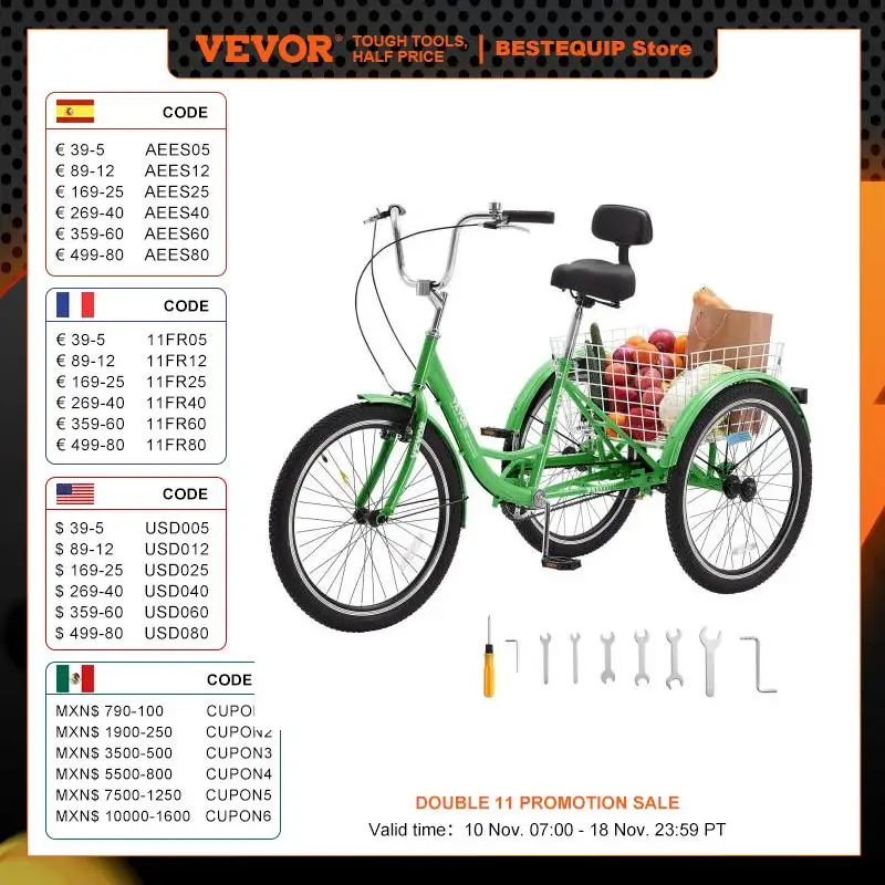 VEVOR Adult Tricycles Bike 24 Inch Three-Wheeled Bicycles 3 Wheel Bikes Trikes Carbon Steel Cruiser Bike with Basket (Green)