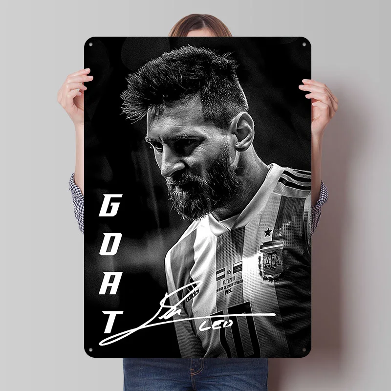 Lionel Messi GOAT Black and White Portrait Printing Poster Customized Retro Wall Art Vintage Metal Signs for Fans Office Decor