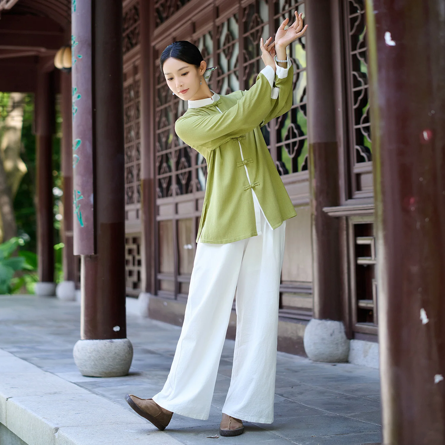 Bawełniano-lniane ubrania do Tai Chi i jogi, długi rękaw, Zazen, medytacja, Baqianjin, dwuczęściowy zestaw, damski strój etniczny, tradycyjny kostium.