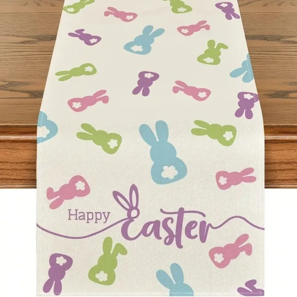 

New Linen Happy Easter Table Runner Egg Rabbit Easter Tablecloth Bunny Placemat Dining