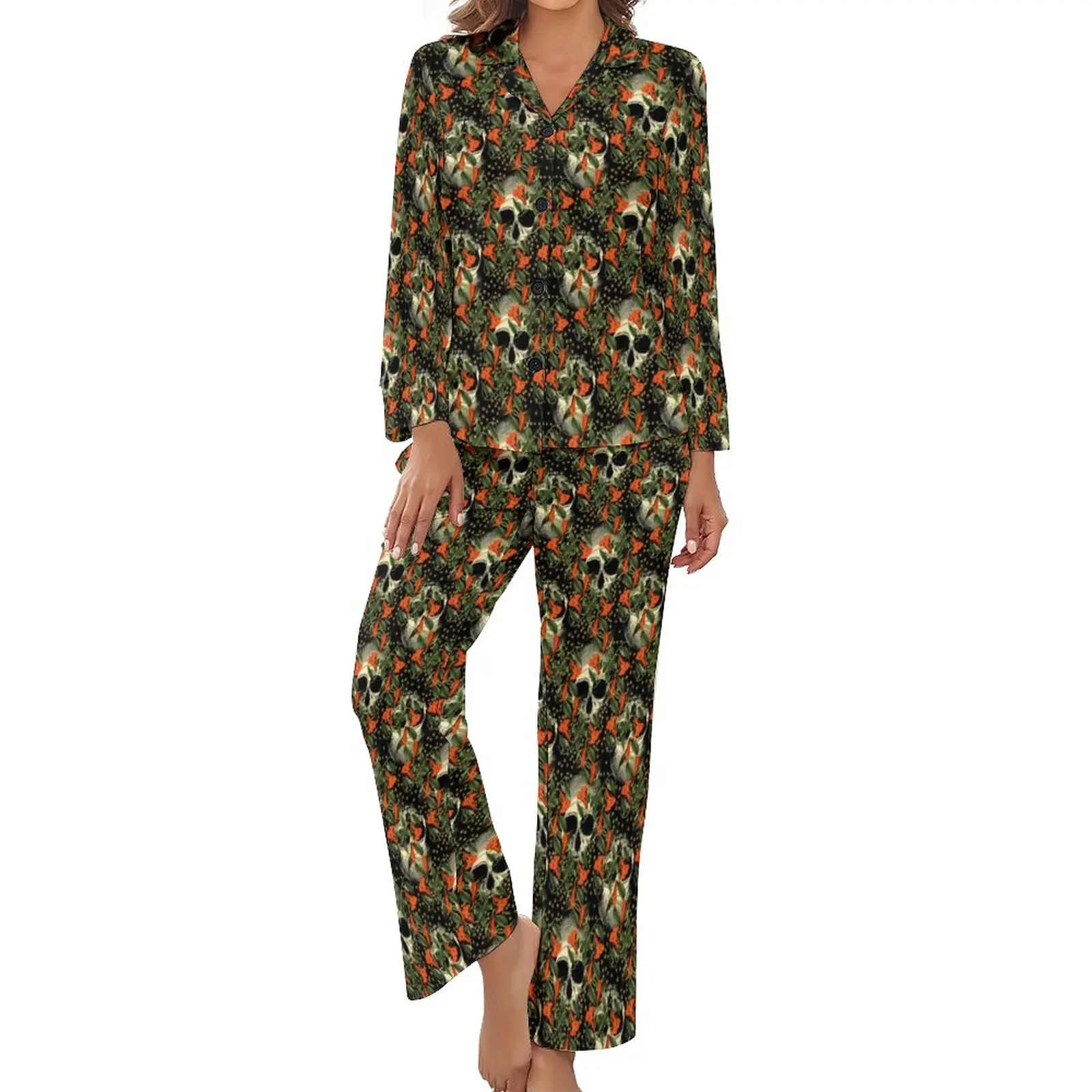 

Flowers Skull Art Pajamas Womens Skulls In The Garden Fashion Sleepwear Daily Long-Sleeve 2 Piece Night V Neck Pajama Sets