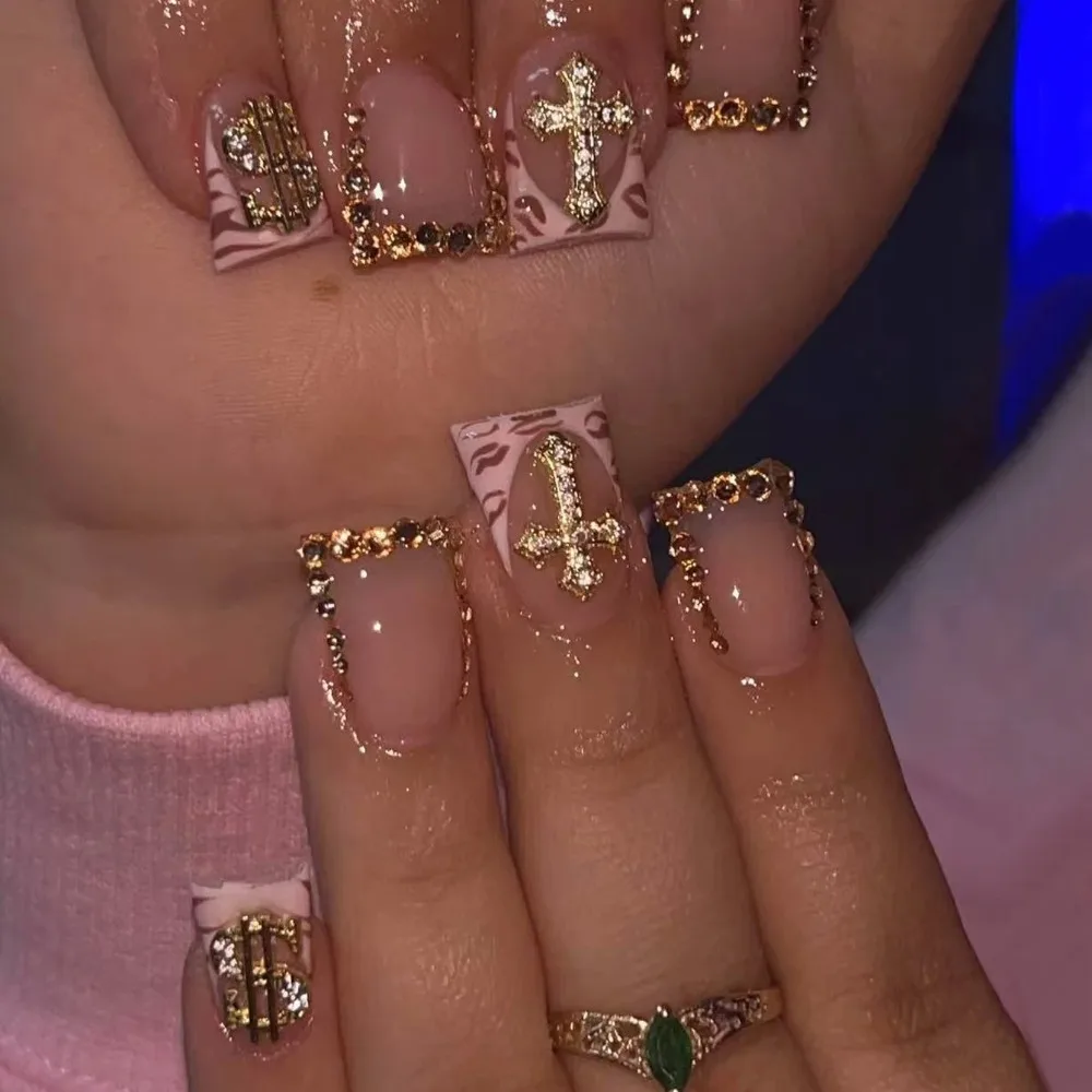 10PCS Diamond French Pointed Nail Short Square Nail Nude Fake Nail With Gold Glitter Diamond Nail Leopard Print Fake Nail