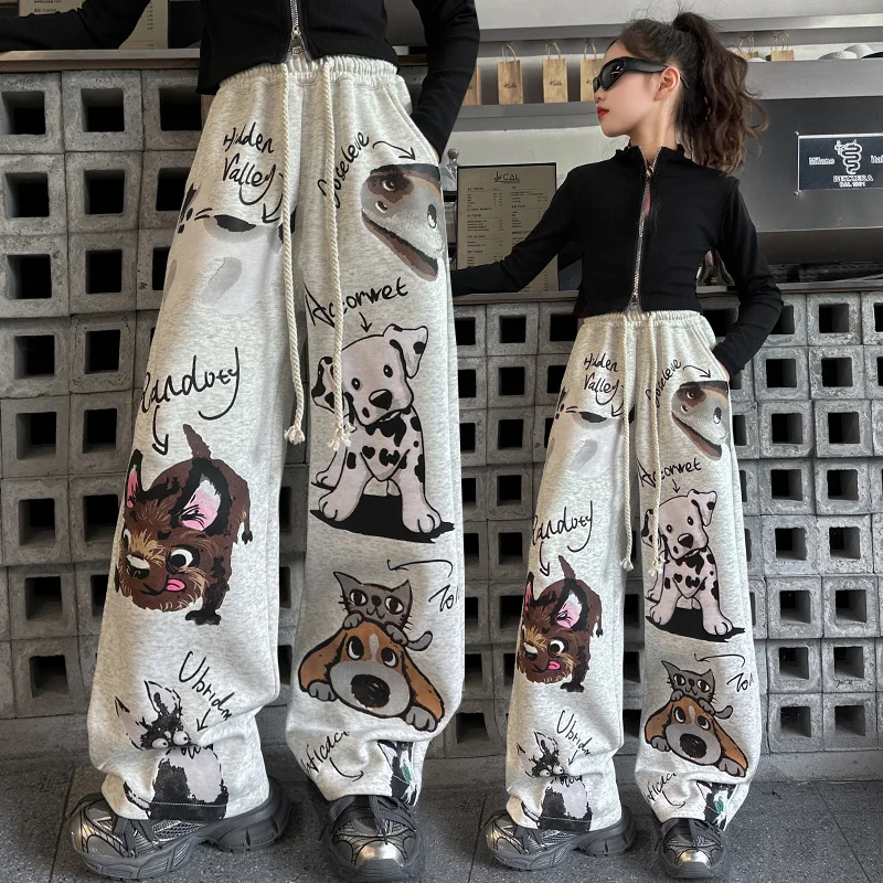 autumn teeenage girls sport printed wide leg pants 4 6 8 10 12 14  junior Casual Cartoon kids trousers children fall clothes