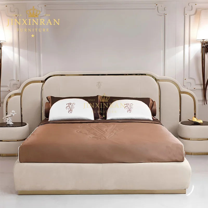 Custom Luxury Top Grain Leather Multi Arch Headboard Gold Trim Frame Solid Wood High Density Foam French King Bedroom Bed