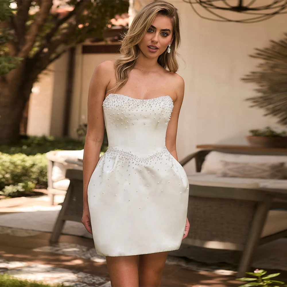 

Modern Wedding Dresses Women Satin Sheath/Column Wedding Party Dress Ivory Sweetheart Pearls Civil Wedding Dress Mini 2025