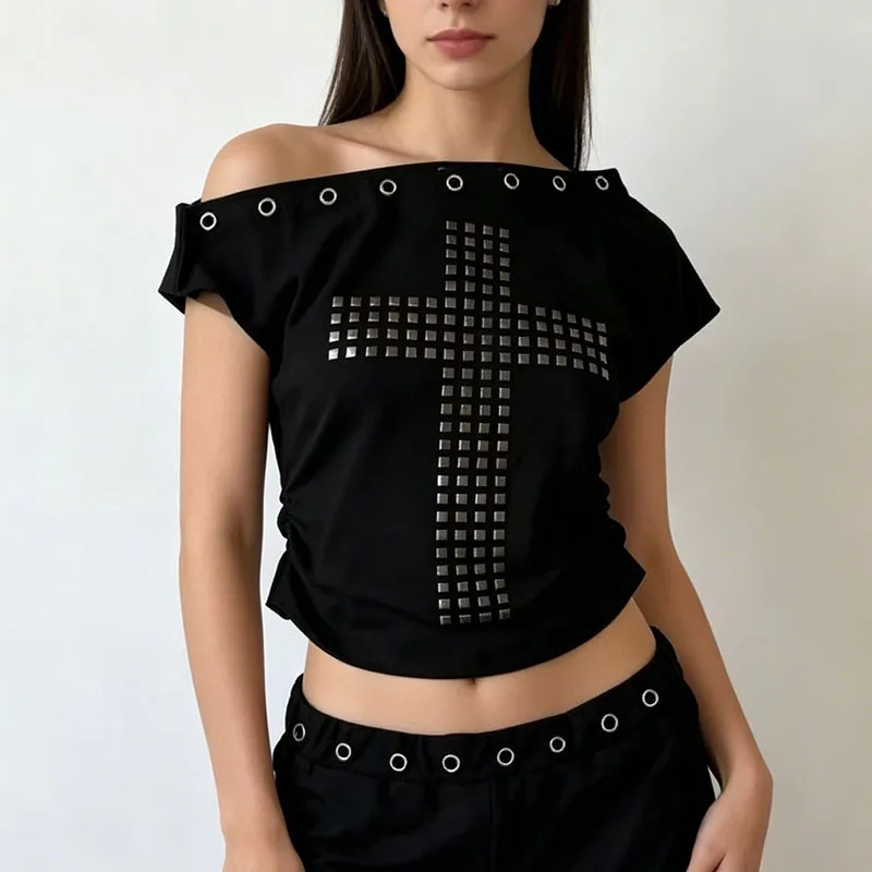 Summer New European American Cross Square Rivet Circle Decoration Slim Fit Sloping Collar Off Shoulder Fashion T-shirt Women's