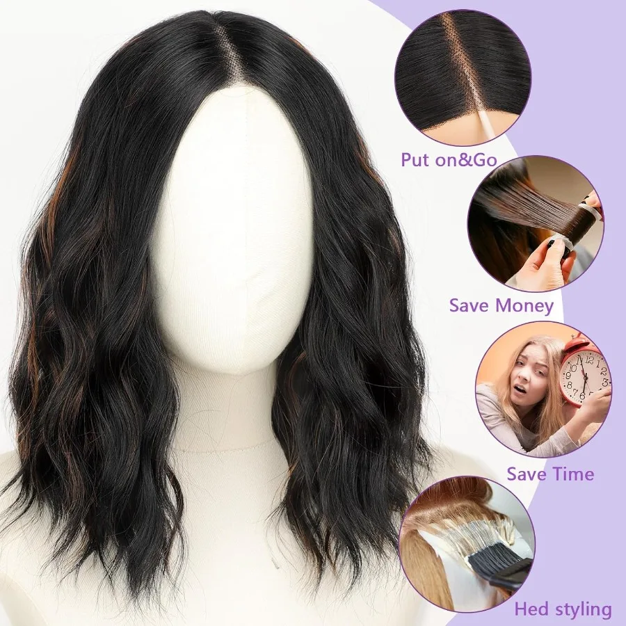 شعر مستعار مموج بطول الكتف باللون الأسود مقاس 14 بوصة مع خط شعر من الدانتيل مسبق القطع والجزء الأوسط للنساء من بوب صناعي مموج طبيعي