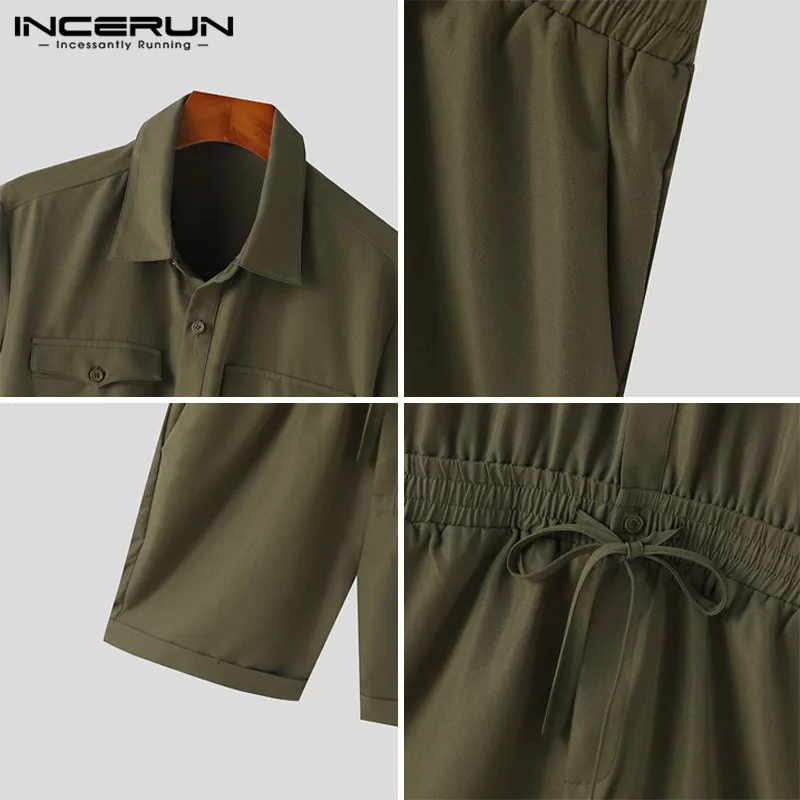 Summer 2024 INCERUN Men Shorts Beach Jumpsuits Shorts Men Clothing Male Short Sleeve Solid Cargo Rompers Streetwear Oversized