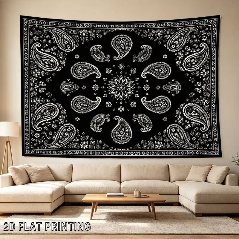 Mandala Paisley Wall Tapestry, Black Base White Floral Paisley Print, Vintage Boho Art Hanging for Living Room Wall Decor