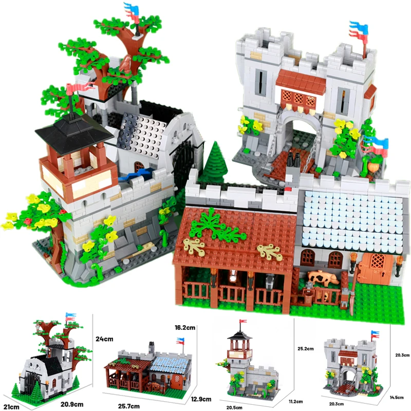 MOC-décennie s de construction de château militaire médiéval, figurines de chevaliers, armes de l'armée, vue sur la rue, cabine de maison, accessoires de briques stables, jouets