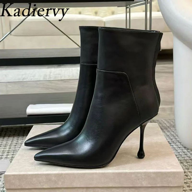 

New Arrival High Heels Ankle Boots Women Pointed Toe Runway Shoes Women Genuine Leather Strange Style Heels Short Boots Woman