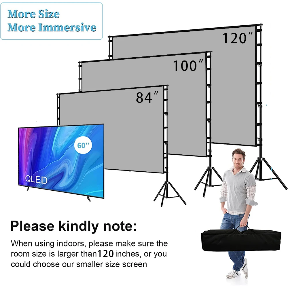 VEIDADZ Projector Screen With Stand Soft Grey Wrinkle-Free Anti-Light 160° Viewing Angle 84 100 120 in Reflective Screen Outdoor