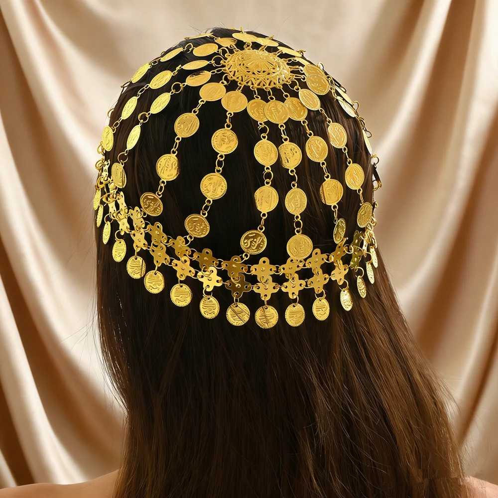 Moroccan Gold-Plated Wedding Headpiece Coin Tassel Headband Style Performances Hair Accessories Bridal Groomsmen Decorations