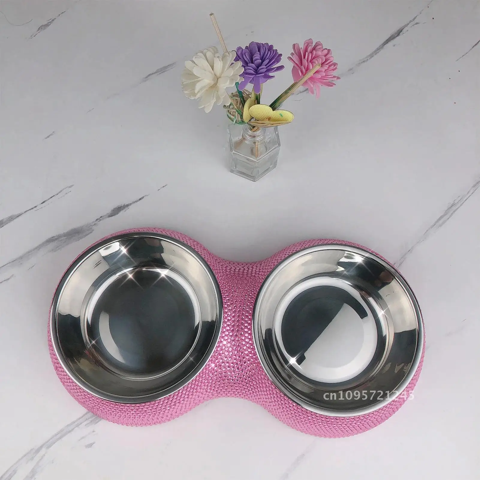 

Double Pet Bowl Bling Bling Rhinestone Cat Dog Supplies Pets Steel Water Bowl Dog Stainless Feeder Accessories Food Feeding