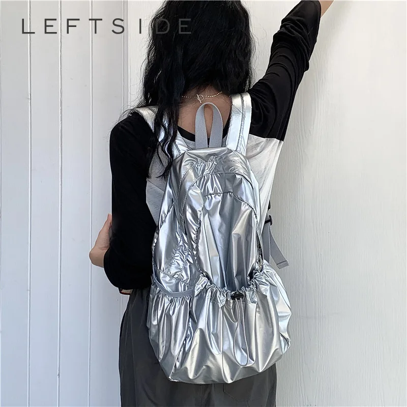 LEFTSIDE-mochila de prata grande com cordão para mulheres, mochila de couro PU na moda coreana, mochilas escolares para adolescentes e meninas, 2023