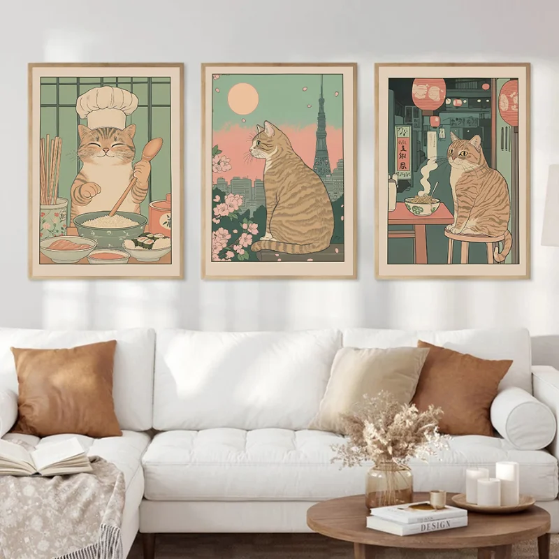 القط الاسكتلندي في حوض الاستحمام المشارك طباعة القط الأسود العانس القط الأكل رامين قماش اللوحة اليابانية جدار الفن الحمام ديكور المطبخ