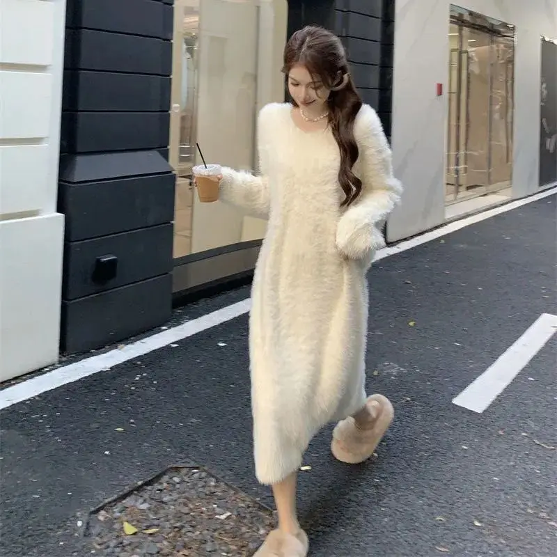 Autumn Winter New Fashion V-neck Long Sleeve Solid Mink Fur Women\'s Clothing Slim Korean All-match Temperament Knitting Dresses