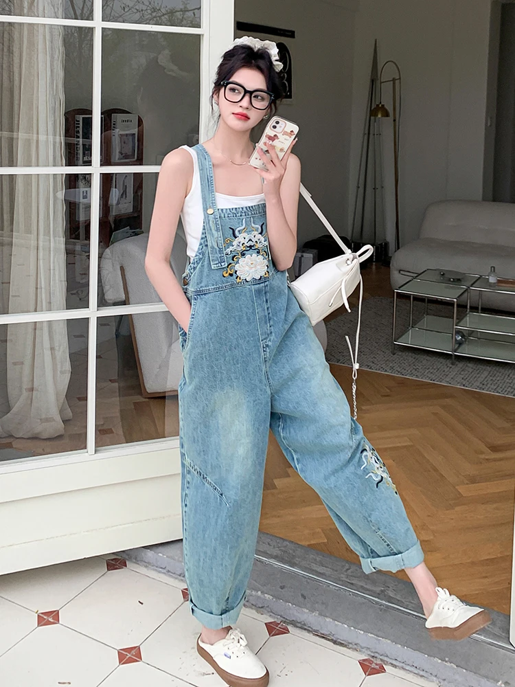 

Ele Embroidered Denim Overalls Women's Straight Leg High Waist Long Pants Spring Summer New Sle Korean Loose Slim Fit