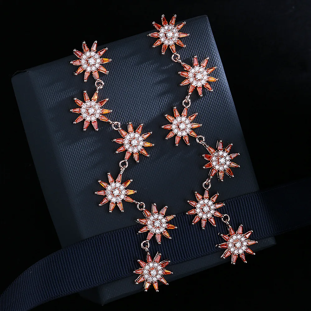 

2022 NEW Creative Sun Flowers Star Long Earring For Women Orange Gemstone Crystal silver plate Ear Acupuncture Gift Jewelry