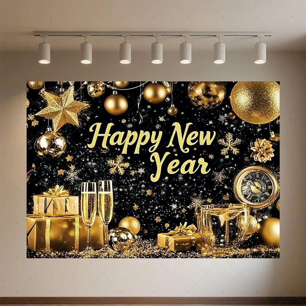 

2026 Gold Happy New Year Background Glitter Clock Champagne Lights Balloons Christmas Family Party Photography Backdrop NY-11